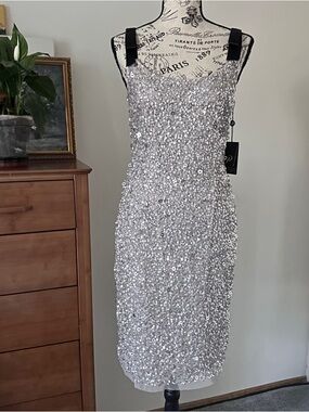 NWT Adrianna Papell Silver Sequin Midi Dress 4 Mother of the Bride Wedding Guest